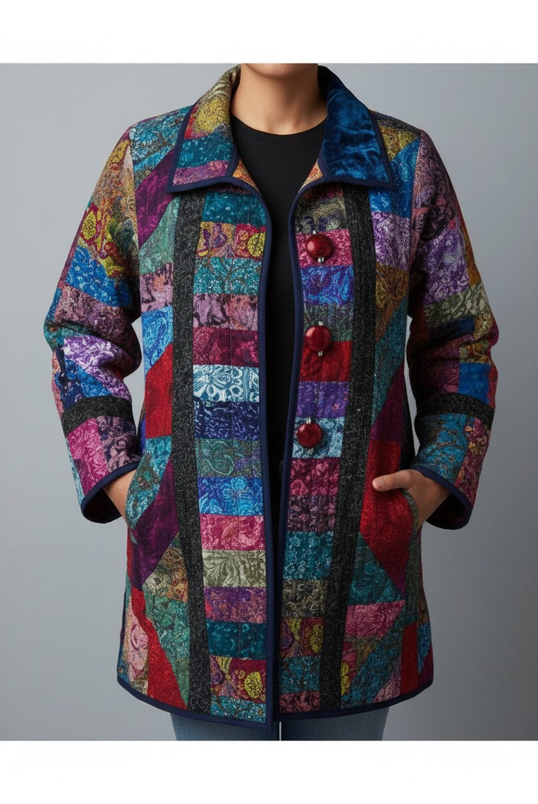 Carmon's Quilt Shop quilted patchwork jacket featuring vibrant multi-colored fabric patterns and large red buttons.