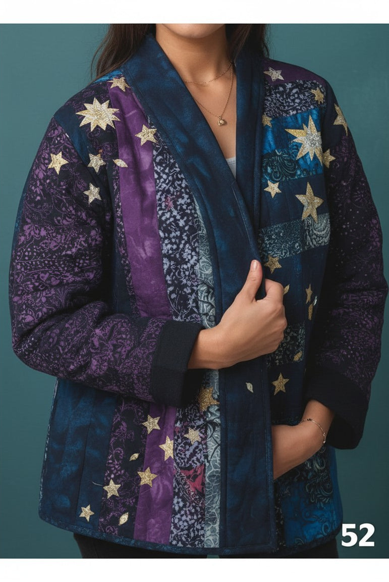 Carmon's Quilt Shop quilted patchwork jacket with purple and blue star patterns worn by a model