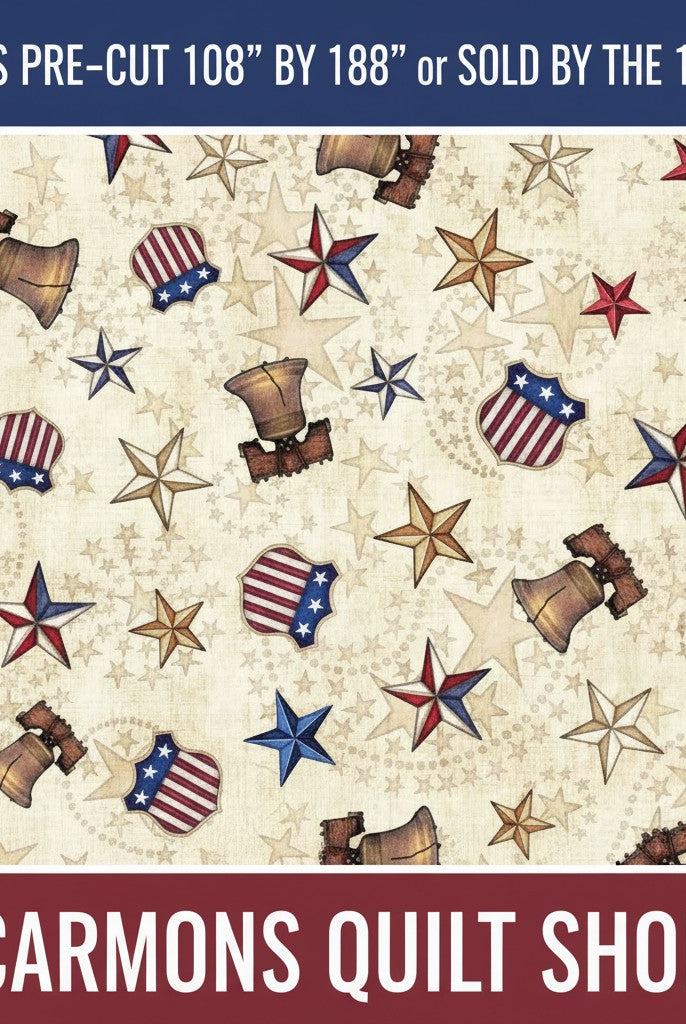 Carmon's Quilt Shop 108-inch wide cotton quilting fabric featuring a patriotic Liberty Bell and star print.