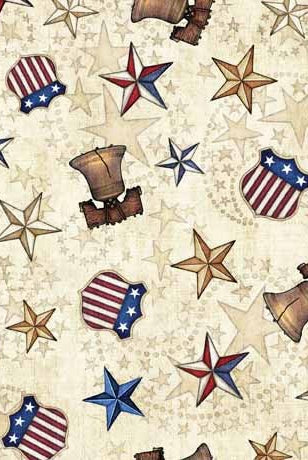 Carmon's Quilt Shop 108 inch wide cotton fabric featuring patriotic Liberty Bell and star print on a cream background