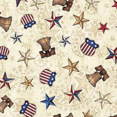 Carmon's Quilt Shop 108 inch wide cotton fabric featuring patriotic Liberty Bell and star print on a cream background