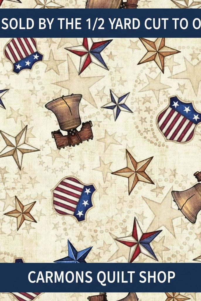 Carmon's Quilt Shop 108 inch wide cotton fabric featuring patriotic Liberty Bell and star print on cream background