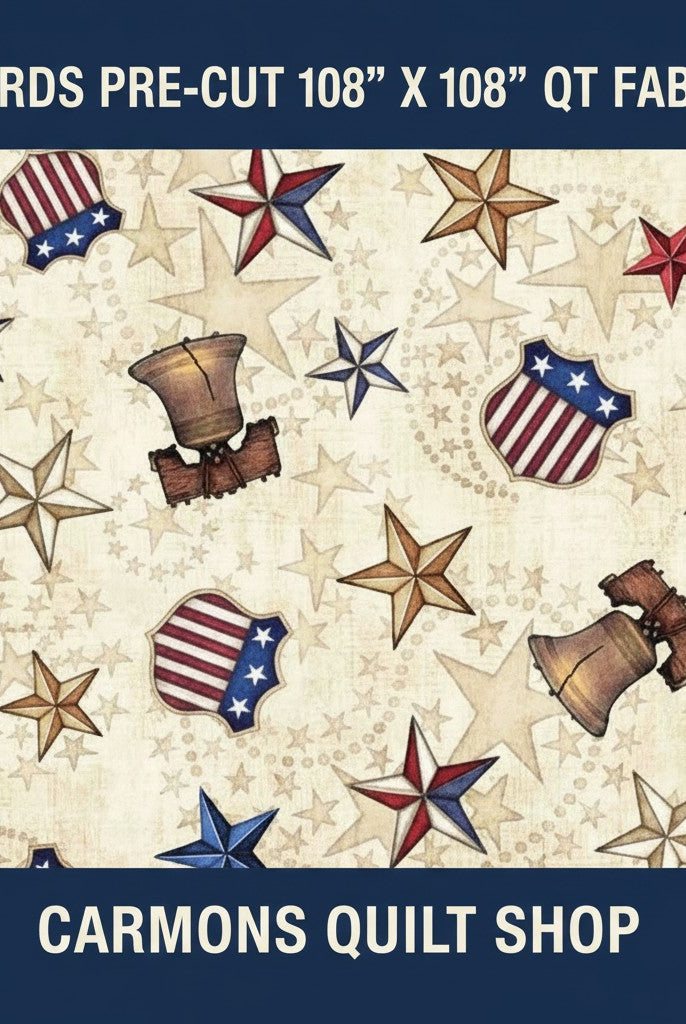 Carmon's Quilt Shop 108 inch wide cotton fabric featuring a patriotic Liberty Bell and star print on cream background