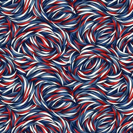Carmon's Quilt Shop patriotic swirl 108 inch wide back cotton quilting fabric in red, white, and blue Tempest print.