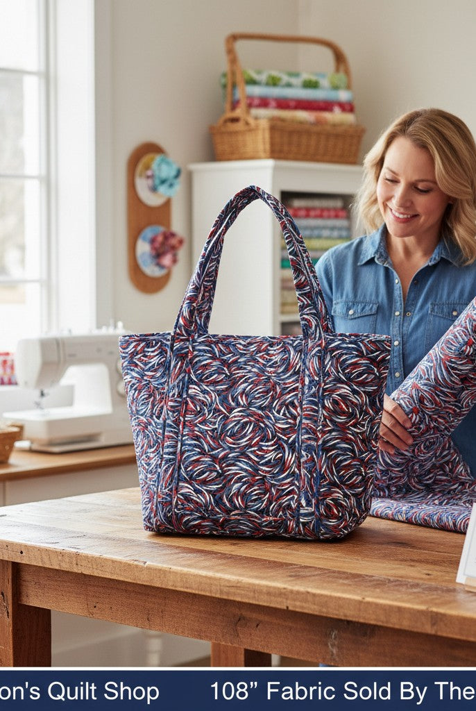 Carmon's Quilt Shop patriotic swirl 108 inch wide back cotton fabric used to make a tote bag in a sewing room