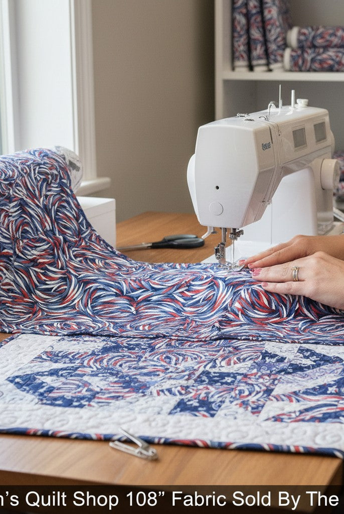 Carmon's Quilt Shop patriotic swirl 108-inch wide cotton quilt backing fabric being sewn on a sewing machine