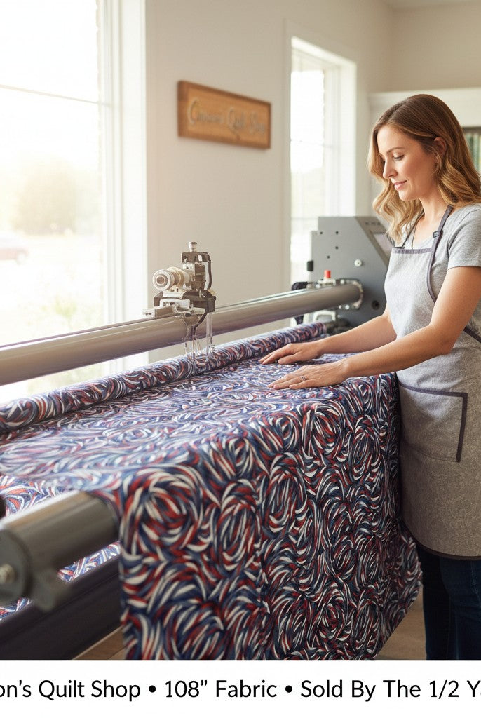 Carmon's Quilt Shop patriotic swirl 108-inch wide cotton quilt backing fabric being loaded onto a longarm machine.