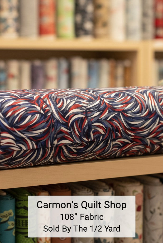 Carmon's Quilt Shop patriotic swirl 108 inch wide cotton quilt backing fabric in red white and blue