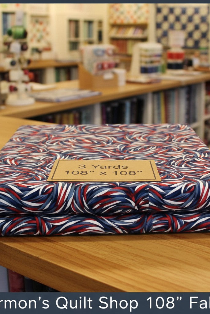 Carmon's Quilt Shop patriotic swirl 108 inch wide cotton quilt backing fabric in red, white, and blue