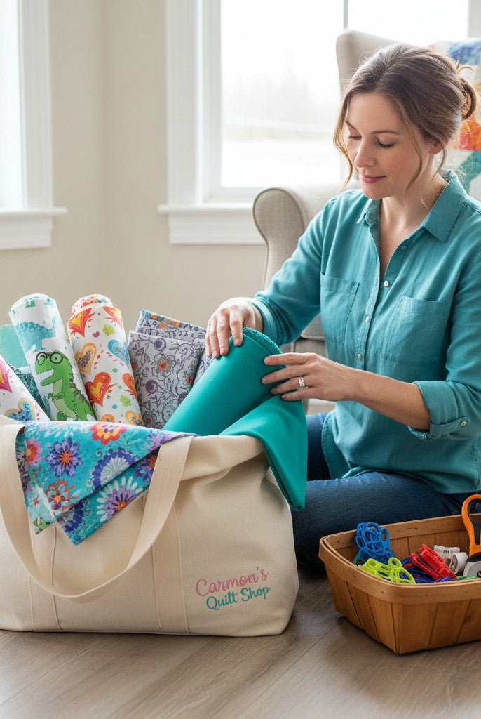 Carmon's Quilt Shop woman organizing fabric rolls in a tote bag, including Peacock Colorworks solid cotton fabric.