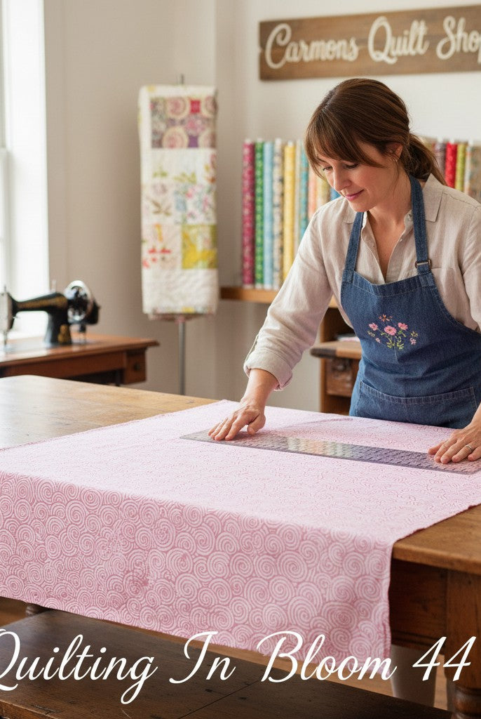 Carmon's Quilt Shop artisan measuring pink daisy scroll blender cotton fabric for a quilting project in a studio