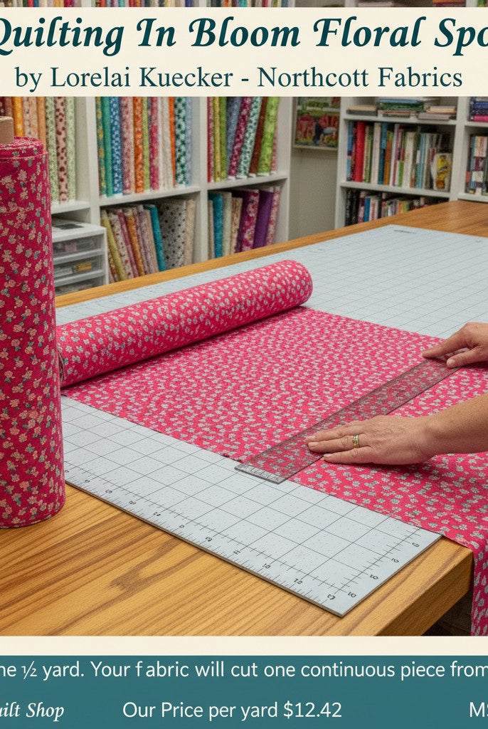 Carmon's Quilt Shop Quilting in Bloom pink floral cotton fabric being measured on a cutting mat