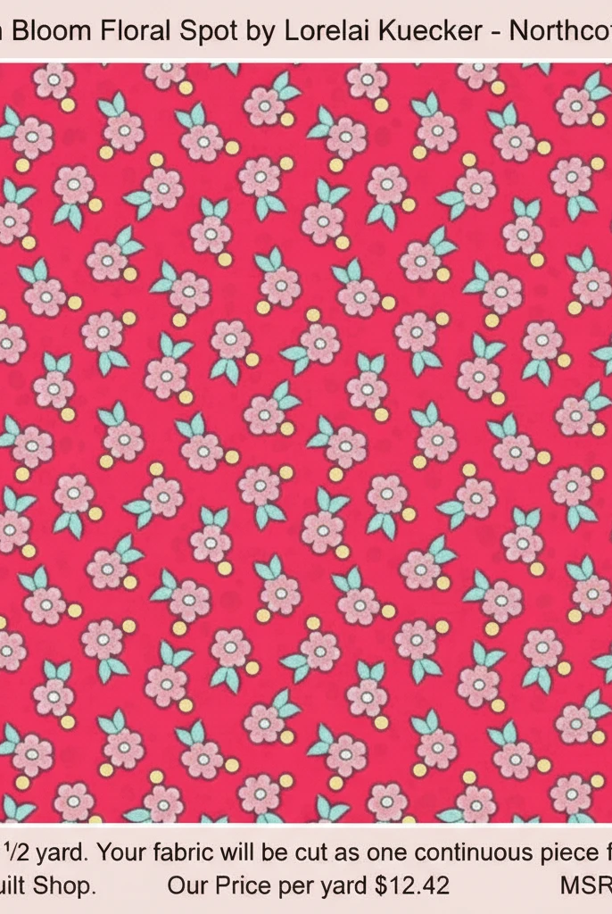 Carmon's Quilt Shop Quilting in Bloom cotton fabric featuring a pink floral spot pattern with teal leaves