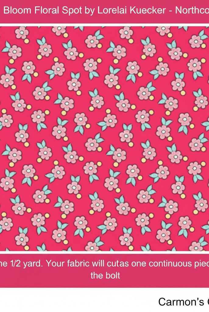 Carmon's Quilt Shop Quilting In Bloom cotton fabric featuring a pink floral spot pattern by Lorelai Kuecker for Northcott