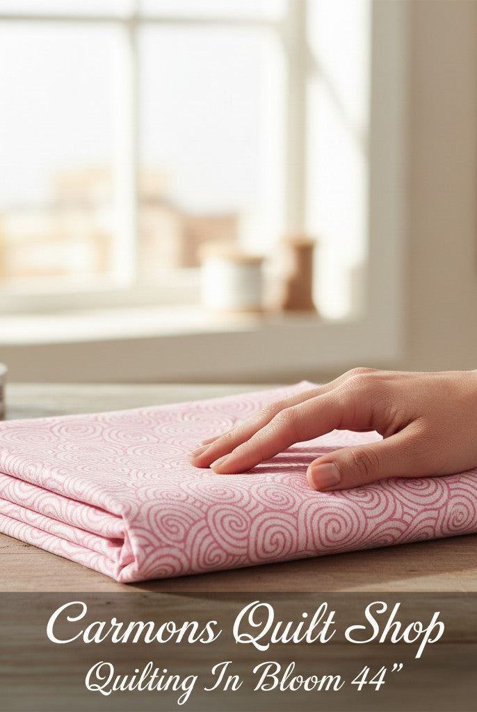 Carmon's Quilt Shop pink cotton fabric with a white daisy scroll swirl pattern, folded on a wooden table.