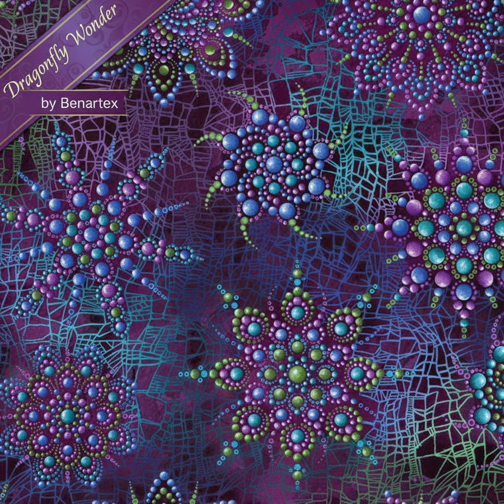 Carmon's Quilt Shop Benartex Dragonfly Wonder cotton fabric featuring plum and purple beaded medallion patterns.