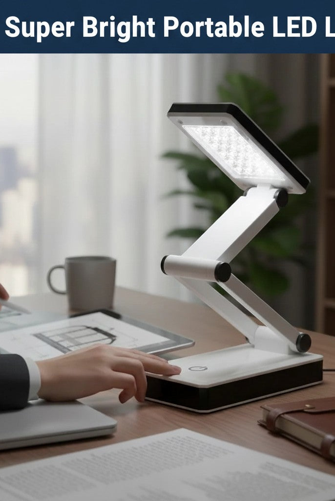 Carmon's Quilt Shop Frank A. Edmunds portable white and black LED lamp with adjustable brightness on a desk.