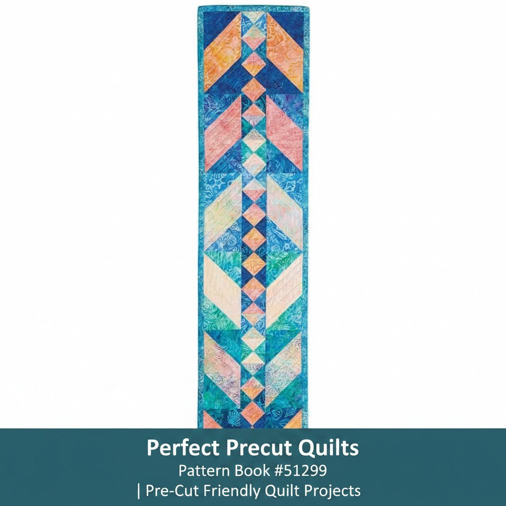 Carmon's Quilt Shop Perfect Precut Quilts pattern book featuring a vibrant geometric table runner quilt project