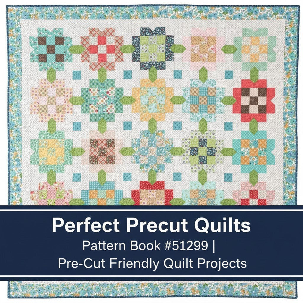 Carmon's Quilt Shop Perfect Precut Quilts pattern book featuring a colorful floral patchwork quilt design