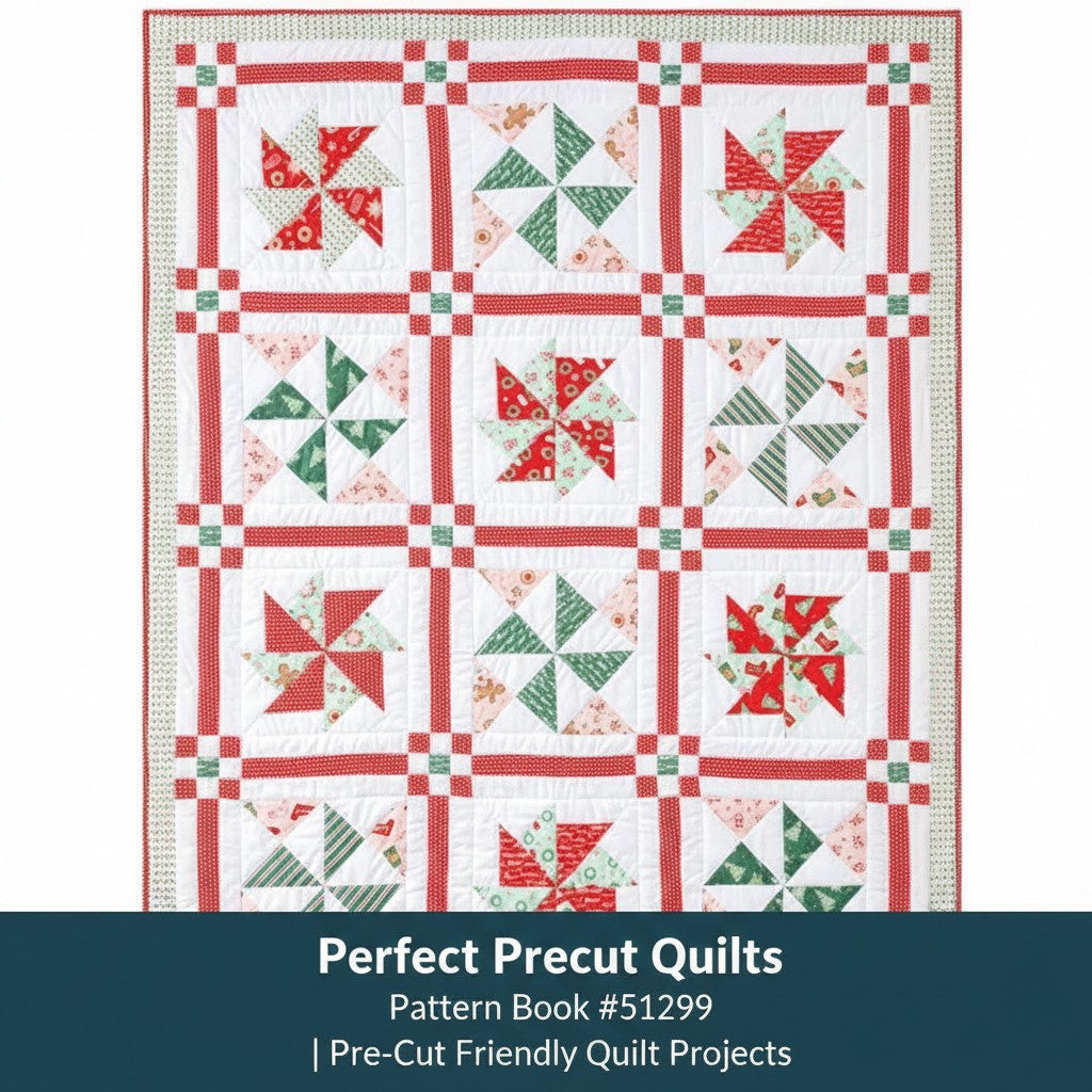 Carmon's Quilt Shop Perfect Precut Quilts pattern book featuring a festive red and green pinwheel quilt design.