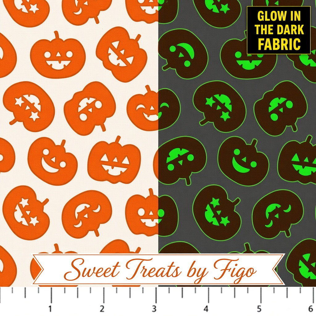 Carmon's Quilt Shop FIGO Fabrics Sweet Treat pumpkin cotton fabric with orange day and glow-in-the-dark night view