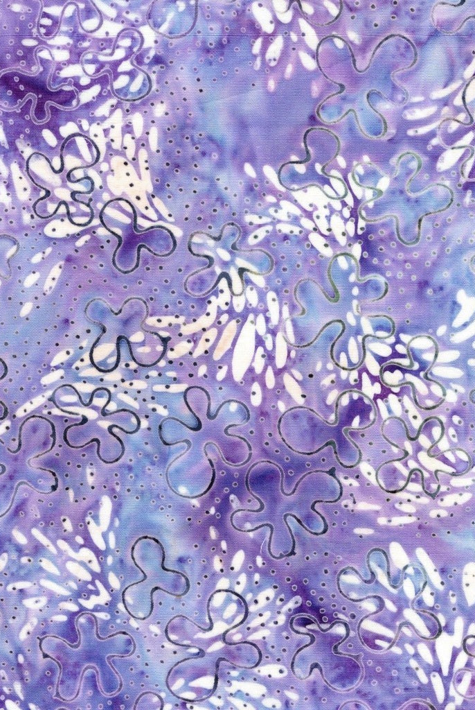 Carmon's Quilt Shop purple and white batik cotton fabric with abstract floral shapes from the Vintner's Treasure line