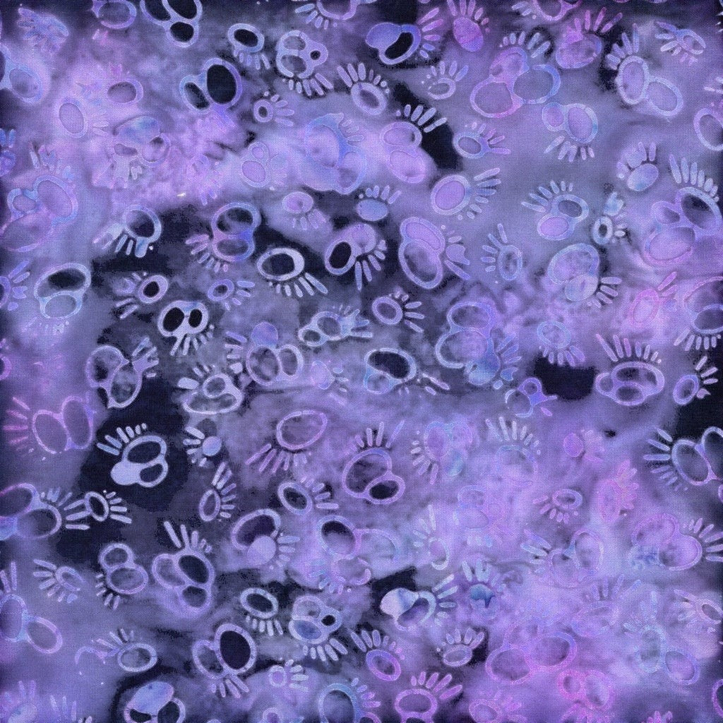 Carmon's Quilt Shop Island Batik Vintner's Treasure purple and black cotton fabric with a unique paw print pattern