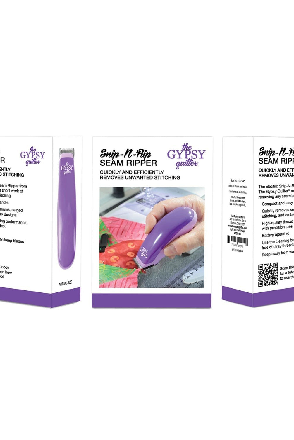 Carmon's Quilt Shop Gypsy Snip-N-Pin purple electric seam ripper with packaging, cleaning brush, and battery.