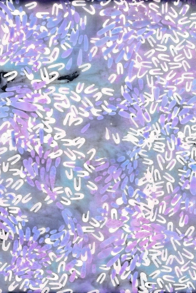 Carmon's Quilt Shop Vintner's Treasure purple and green batik cotton fabric with white abstract U-shaped patterns