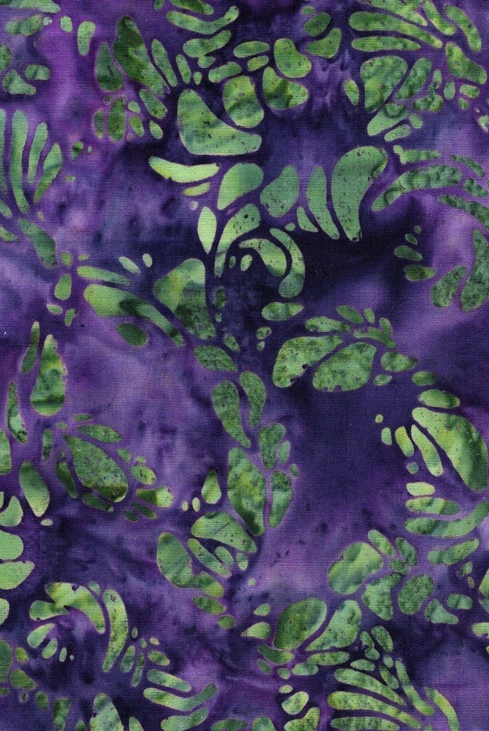 Carmon's Quilt Shop Vintner's Treasure purple and green batik cotton fabric with organic leaf-like patterns