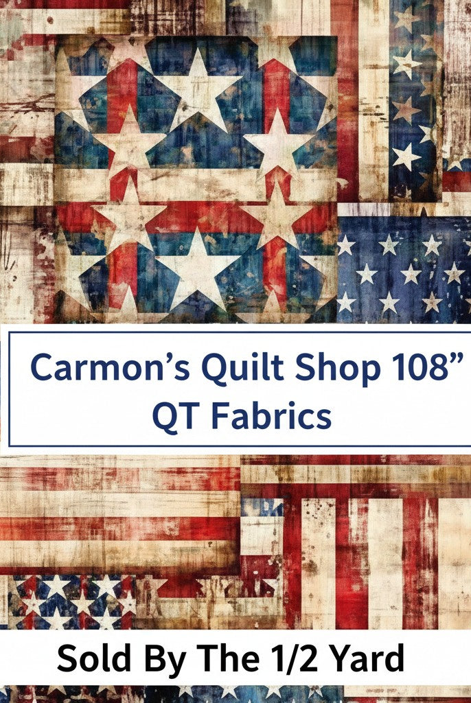 Carmon's Quilt Shop QT Fabrics 108 inch wide cotton quilting fabric featuring a rustic red white and blue flag pattern