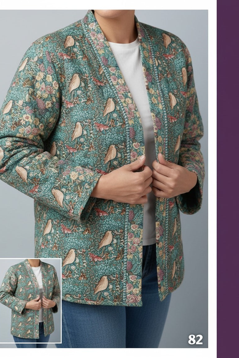 Carmon's Quilt Shop instructional guide showing a woman wearing a teal quilted patchwork jacket with bird and floral print