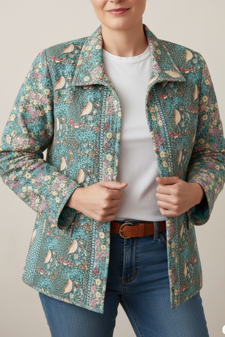 Carmon's Quilt Shop instructional guide for sewing a teal floral quilted patchwork jacket worn by a model.
