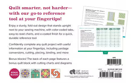 Carmon's Quilt Shop Quilter's Quick-Reference Guide showing flip-style pages with charts, diagrams, and color tabs.
