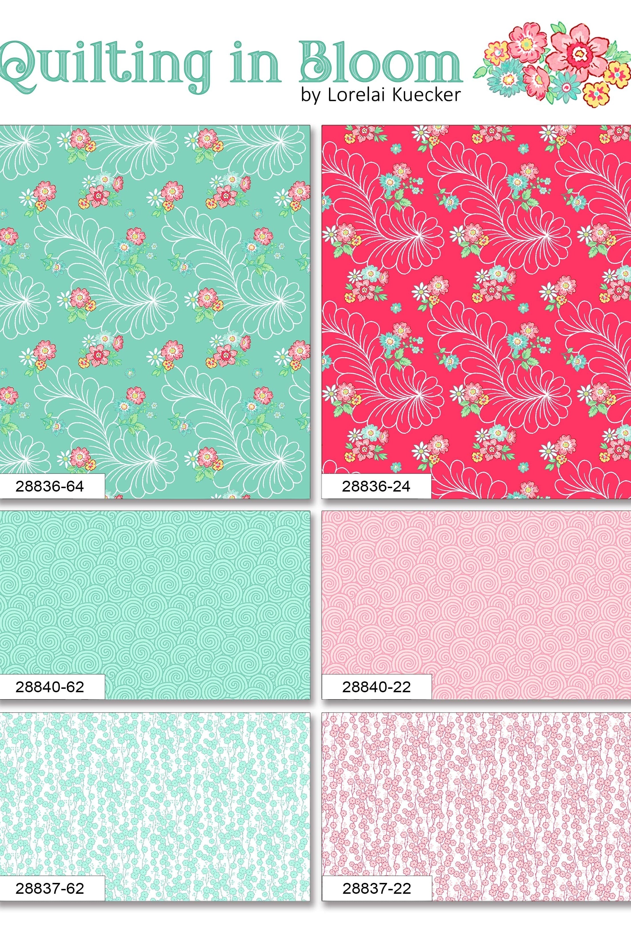 Carmon's Quilt Shop Quilting in Bloom fabric collection by Lorelai Kuecker featuring floral and swirl patterns in cotton
