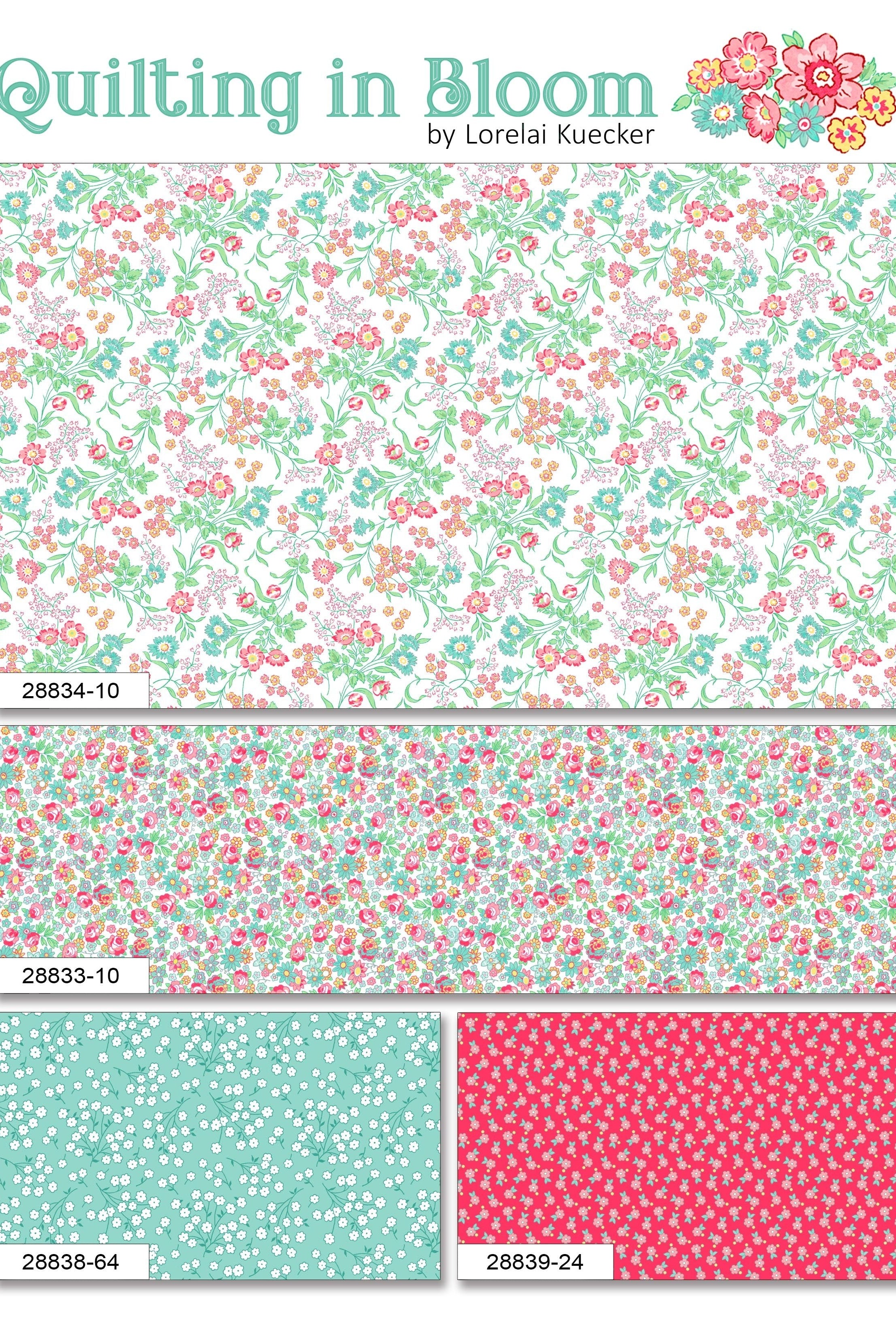 Carmon's Quilt Shop Quilting in Bloom cotton fabric collection featuring floral rose patterns in white, pink, and teal.