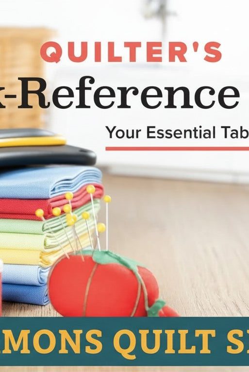 Carmon's Quilt Shop Quilter's Quick-Reference Guide with rotary cutter, fabric stack, and pincushion on a desk.