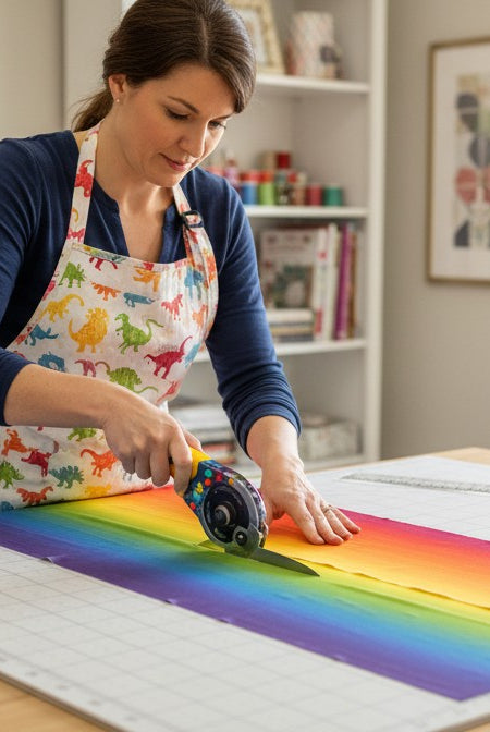 Carmon's Quilt Shop artisan cutting vibrant rainbow ombre cotton quilt backing fabric with a rotary cutter.