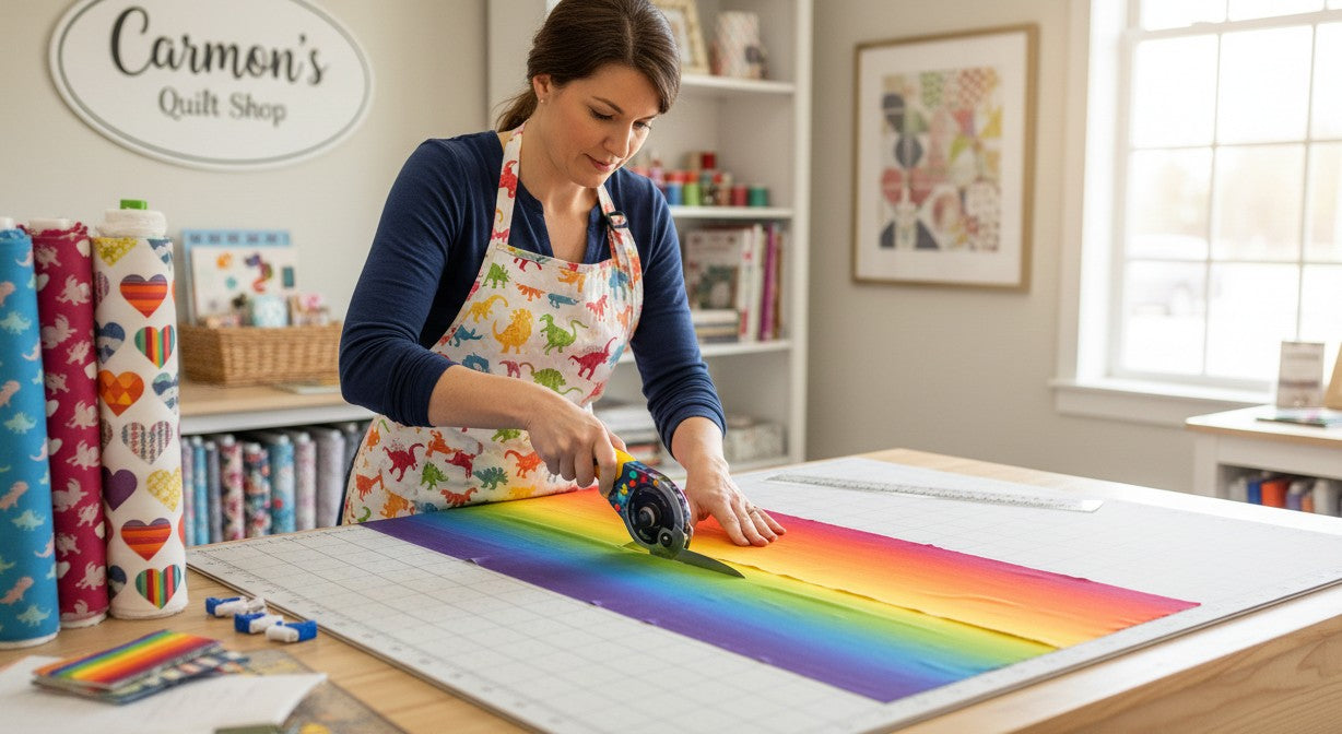 Carmon's Quilt Shop artisan cutting vibrant rainbow ombre cotton quilt backing fabric with a rotary cutter.