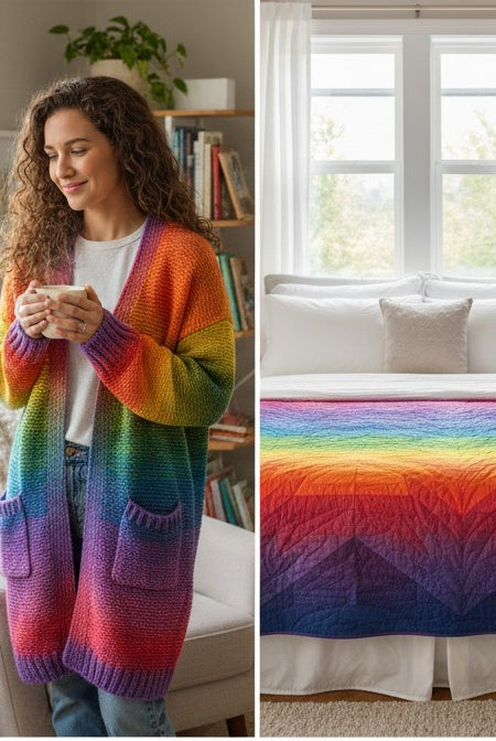 Carmon's Quilt Shop rainbow ombre cotton fabric used for quilting, home decor, and apparel projects.
