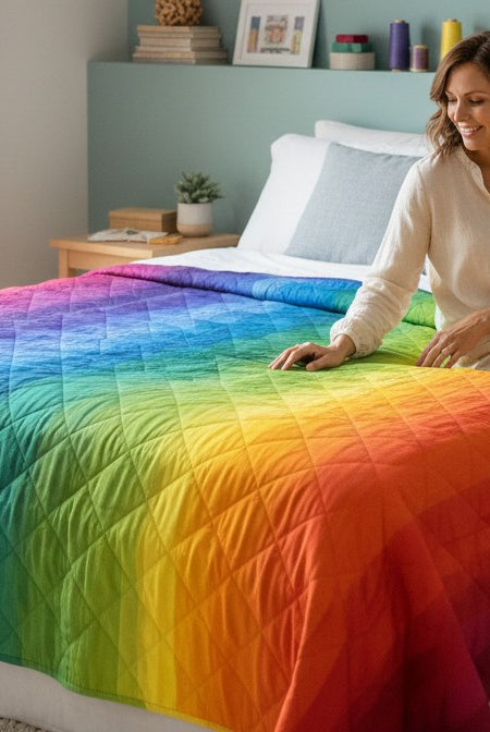 Carmon's Quilt Shop rainbow ombre cotton quilt backing draped over a bed with a woman sitting on the edge