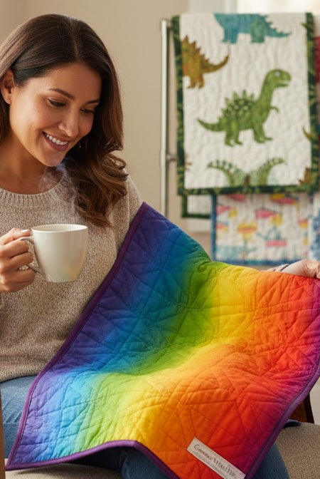 Carmon's Quilt Shop woman holding a vibrant rainbow ombre cotton quilt square while sitting in a cozy armchair.