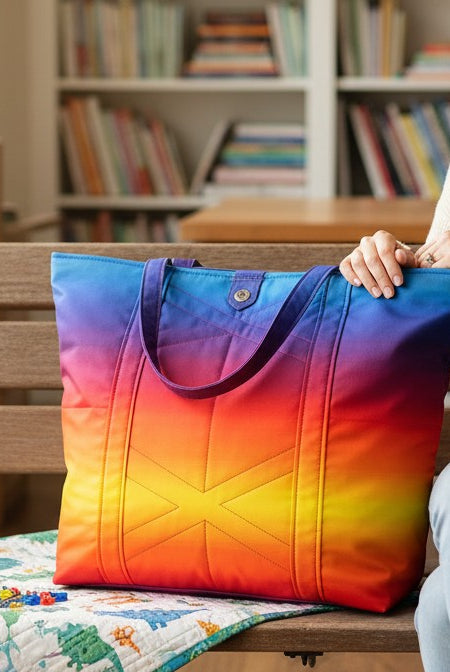 Carmon's Quilt Shop rainbow ombre quilted tote bag held by a woman sitting on a wooden bench.