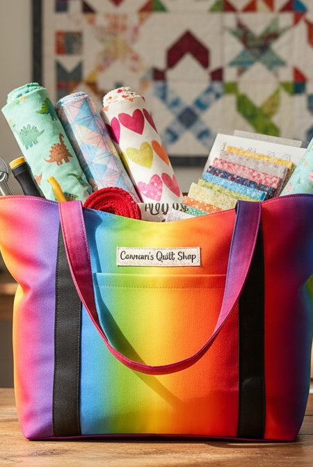 Carmon's Quilt Shop rainbow ombre tote bag filled with fabric rolls on a wooden table with a woman crafting nearby.