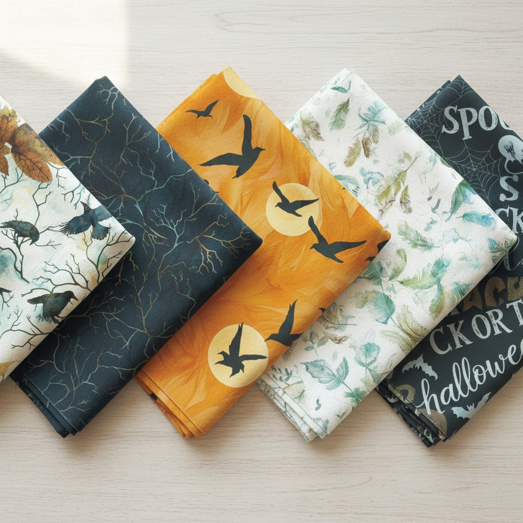 Carmon's Quilt Shop Raven's Call black multi cotton fabric with dark forest branches and crows.