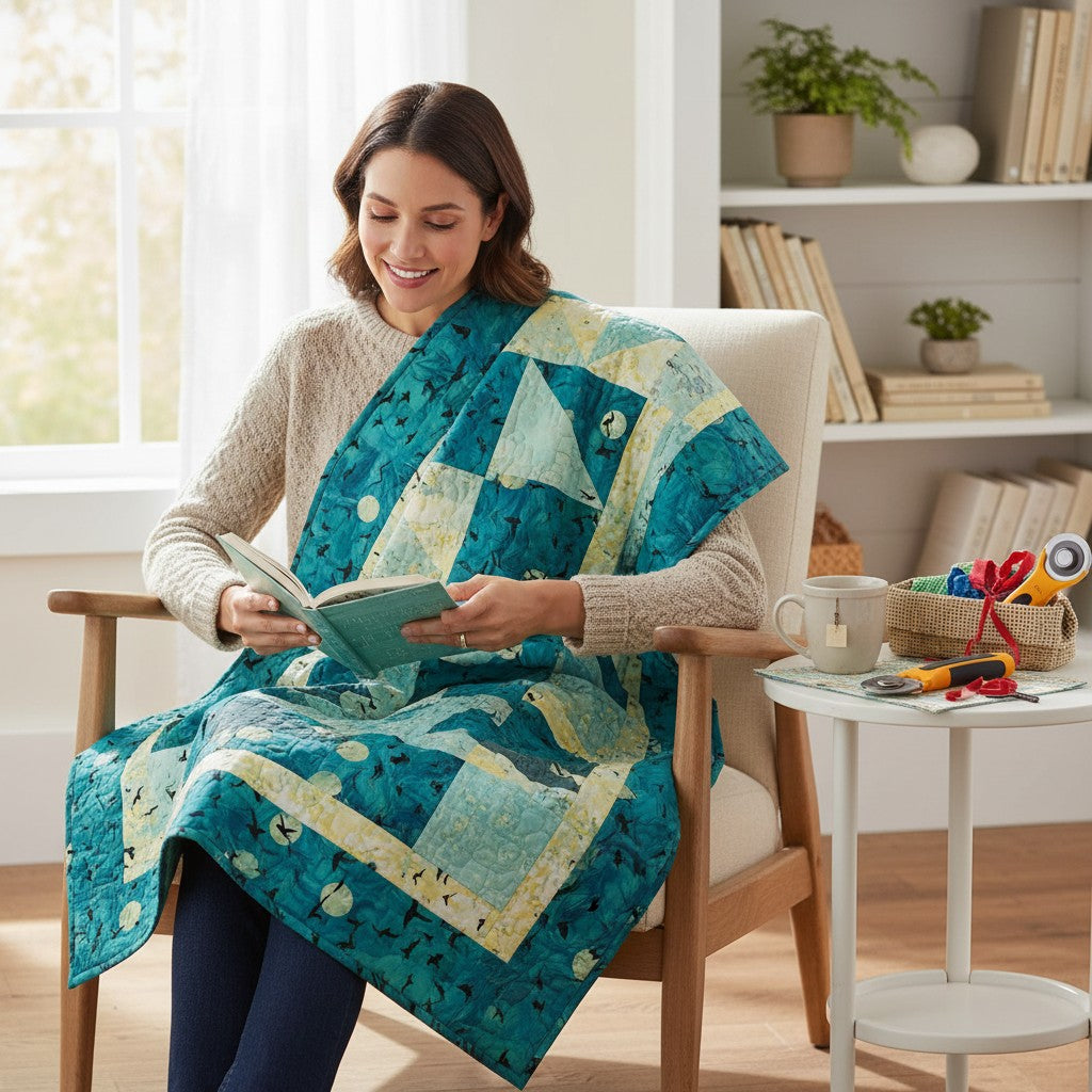 Carmon's Quilt Shop teal 100% cotton fabric panel with flying ravens and moons pattern.