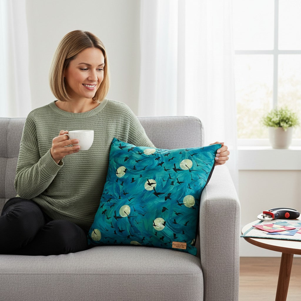 Carmon's Quilt Shop teal 100% cotton fabric panel with a flock of black birds flying against full moons and abstract feather-like patterns.