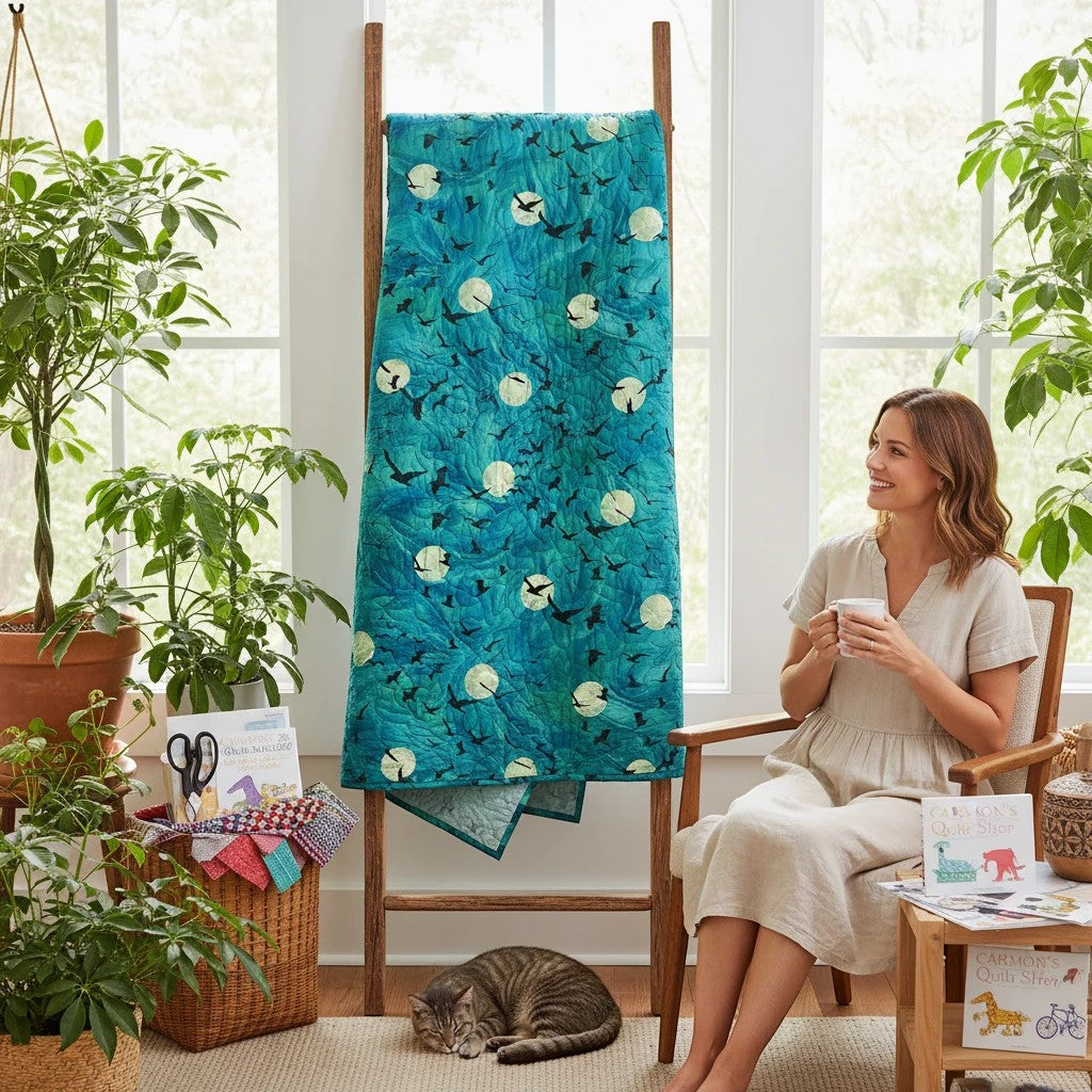 Carmon's Quilt Shop teal 100% cotton fabric with flying ravens and moons pattern, ideal for quilting.