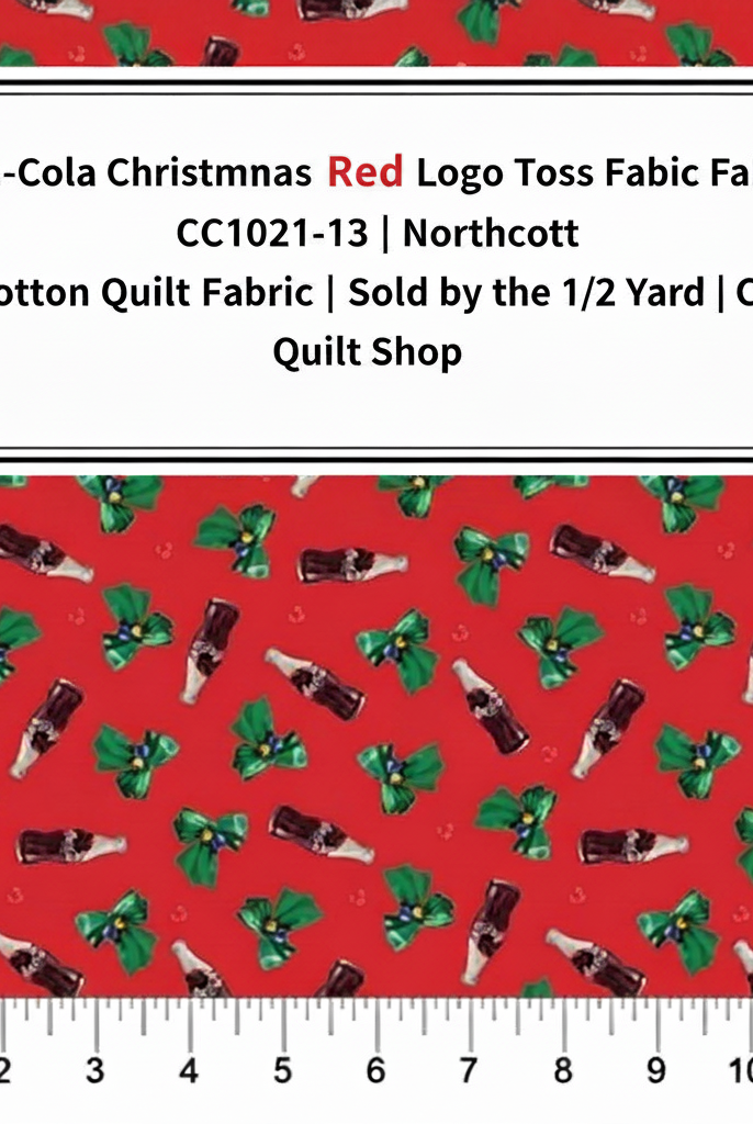 Carmon's Quilt Shop red cotton fabric featuring a Coca-Cola bottle and green bow holiday logo toss pattern