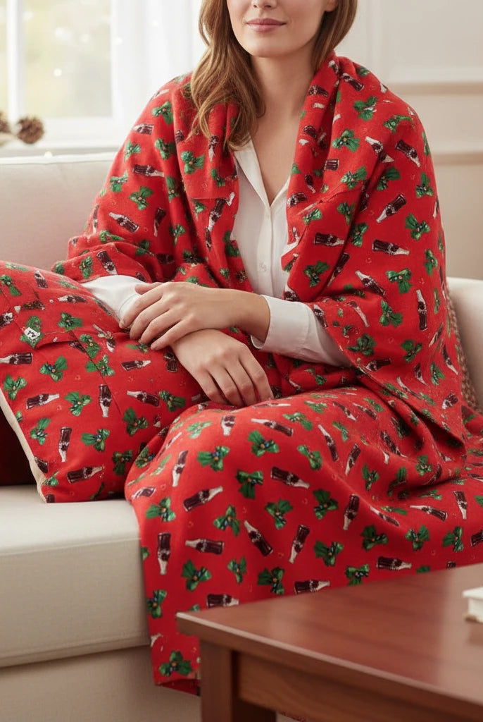 Carmon's Quilt Shop red Coca-Cola Christmas cotton fabric with logo toss print draped over a person on a sofa